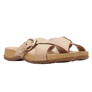 Clarks Sandals Womens 9 M Beige Nubuck Leather Buckle Cross Strap Comfort Slides